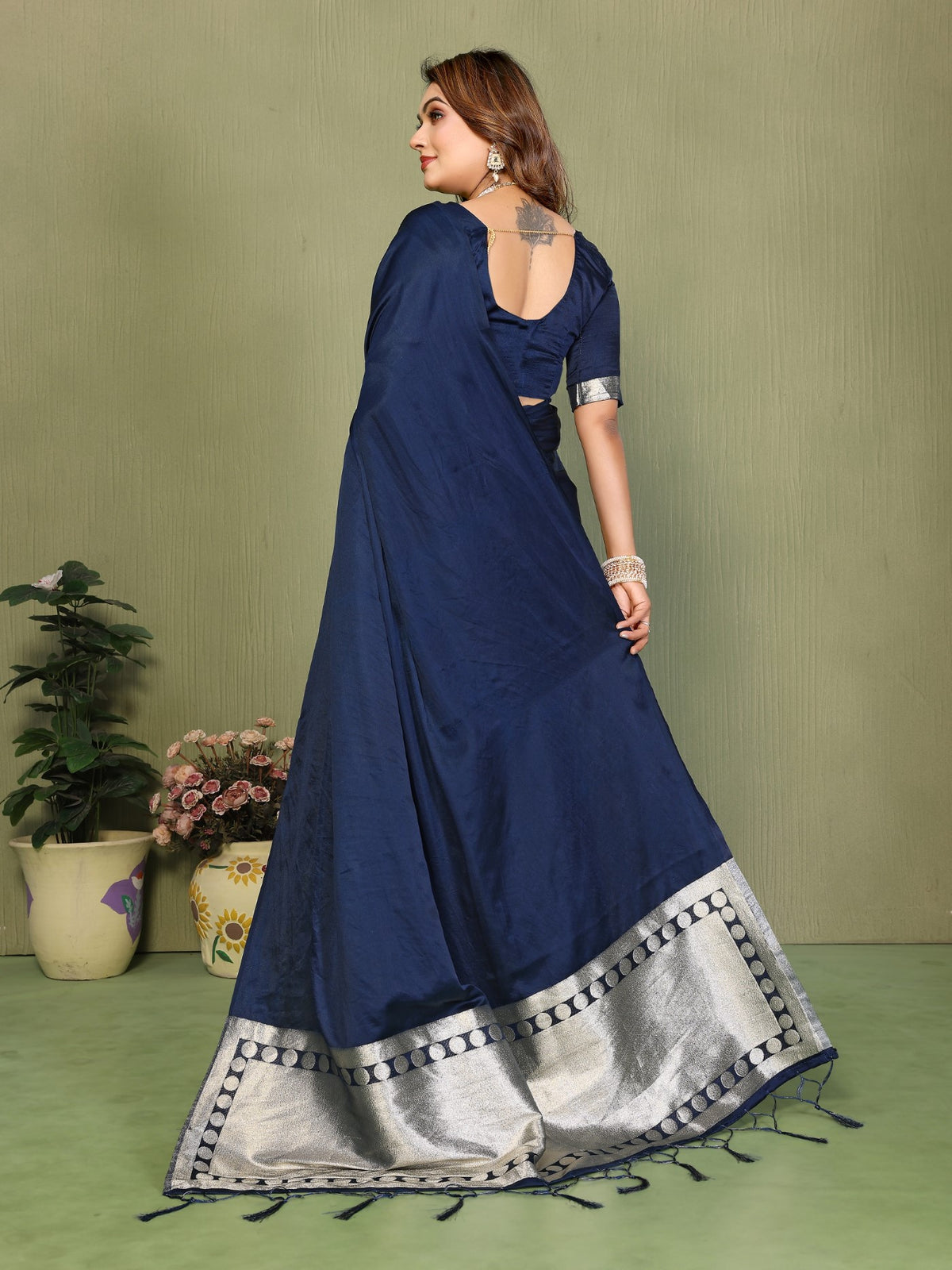 Navy Blue Soft Satin Silk Saree With Classic Zari Weaving