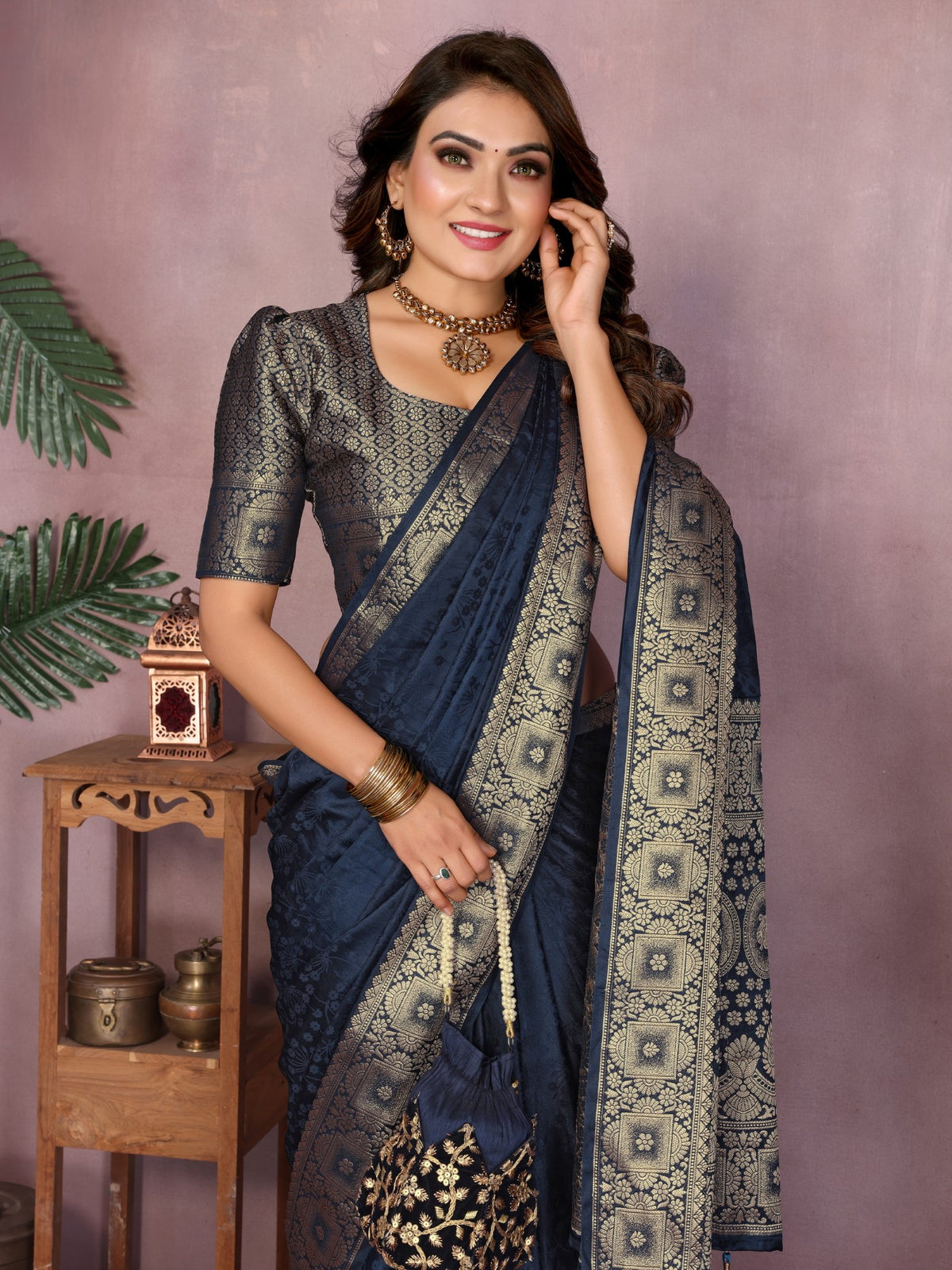 Navy Blue Soft Satin Silk Saree With Designer Zari Weaving