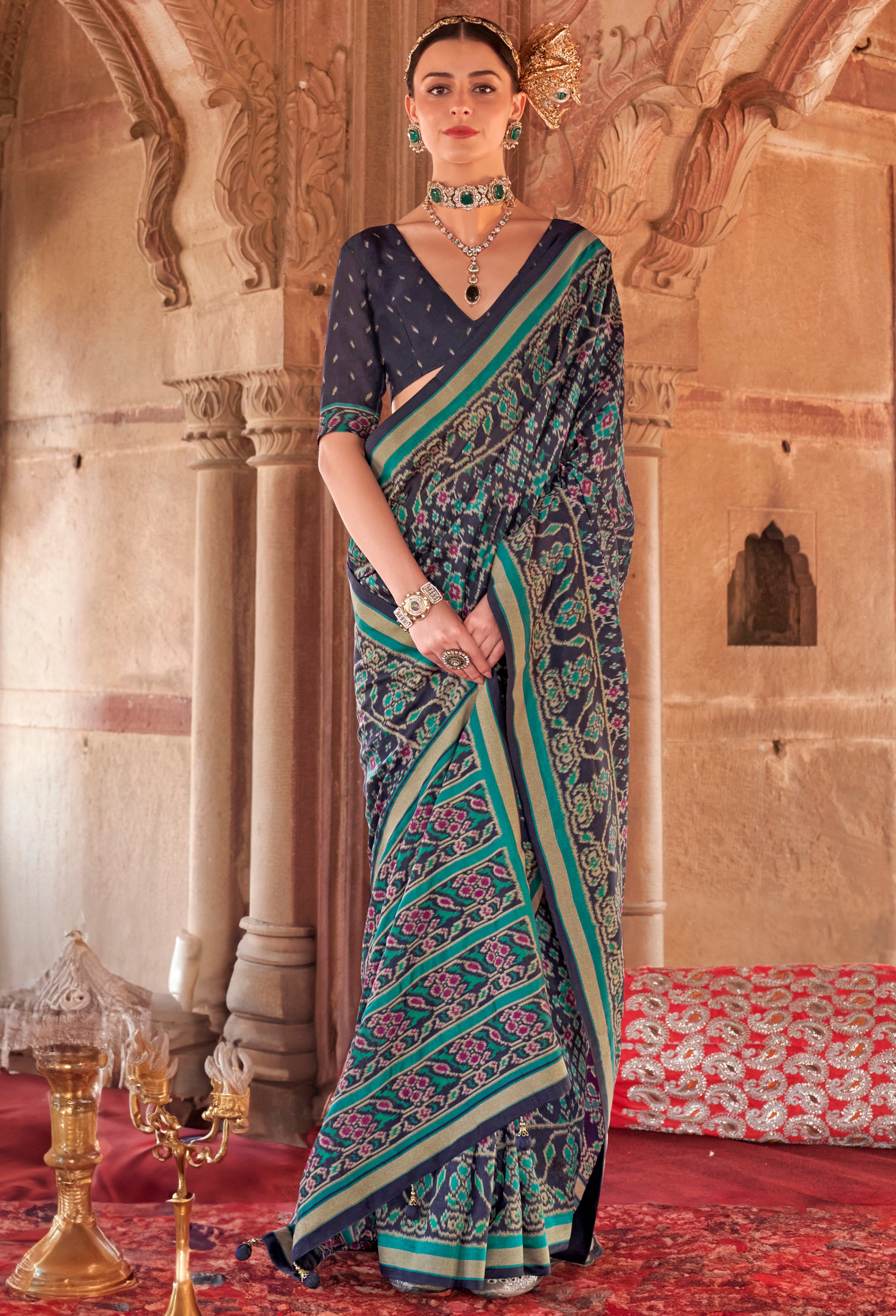 Navy Blue Super Georgette Saree With  Patola Print