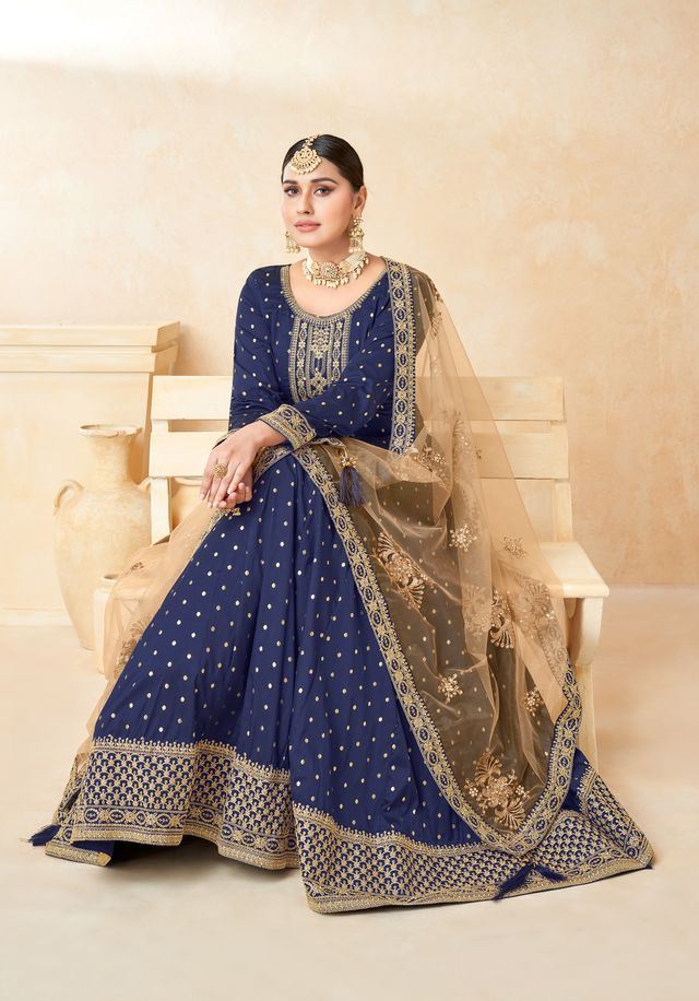 Navy Blue Taffeta Butti Heavy Thread Embroidery, Zari With Sequins Work  Anarkali Suits