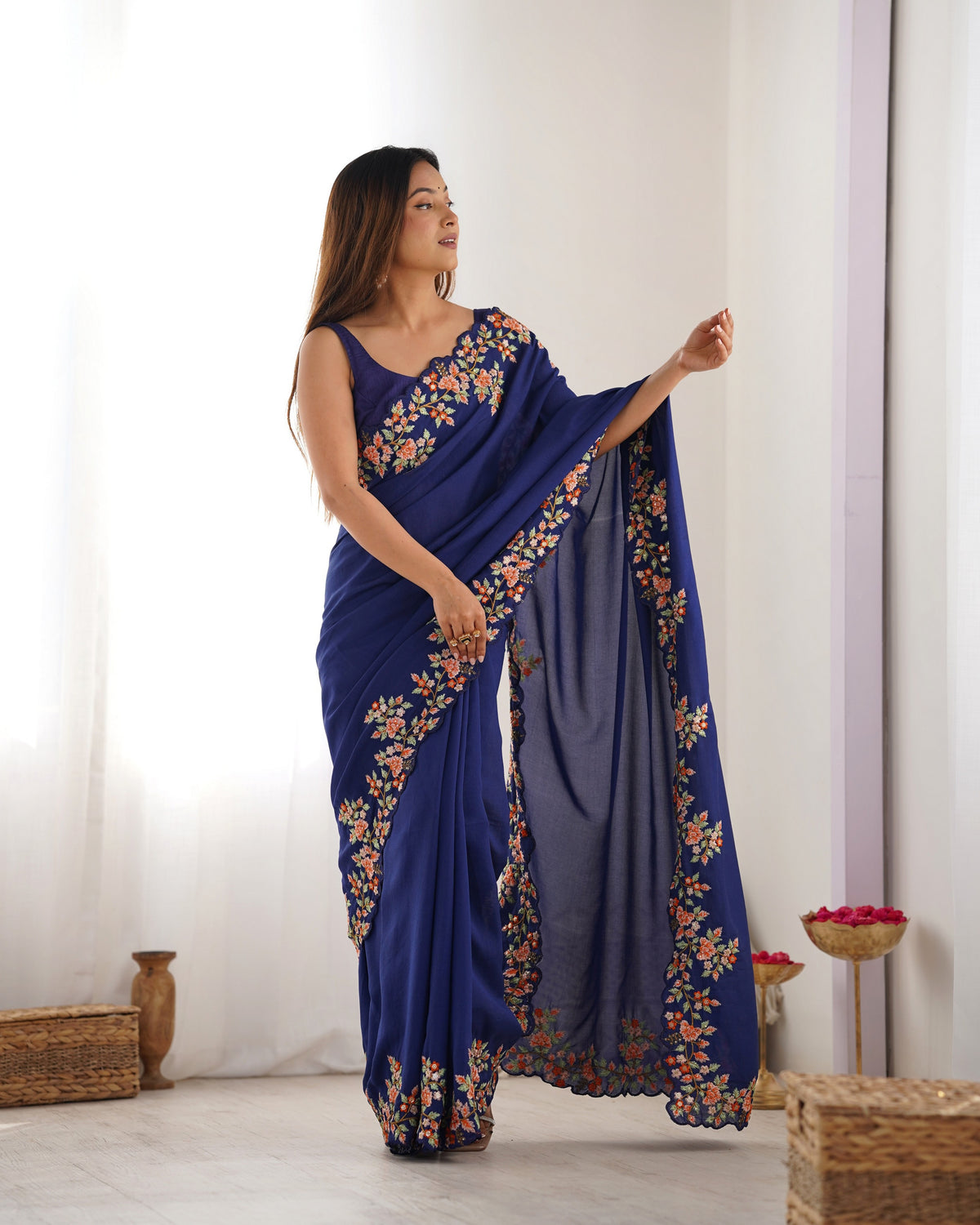 Navy Blue Vichitra Silk Designer Embrodery Work Ethnic Saree