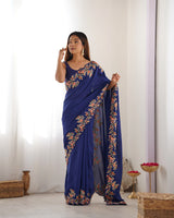 Navy Blue Vichitra Silk Designer Embrodery Work Ethnic Saree