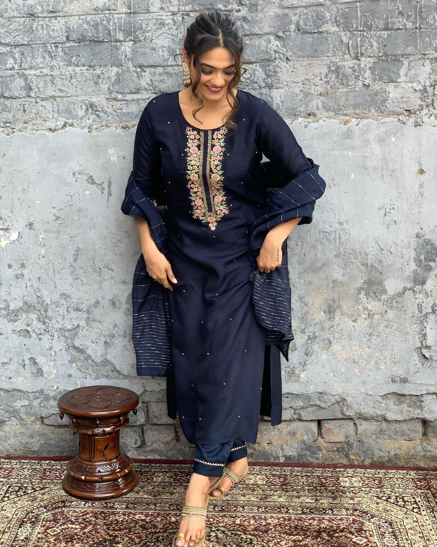 Navy Blue Viscose Chanderi Kurta Pant Set With Embroidery Work