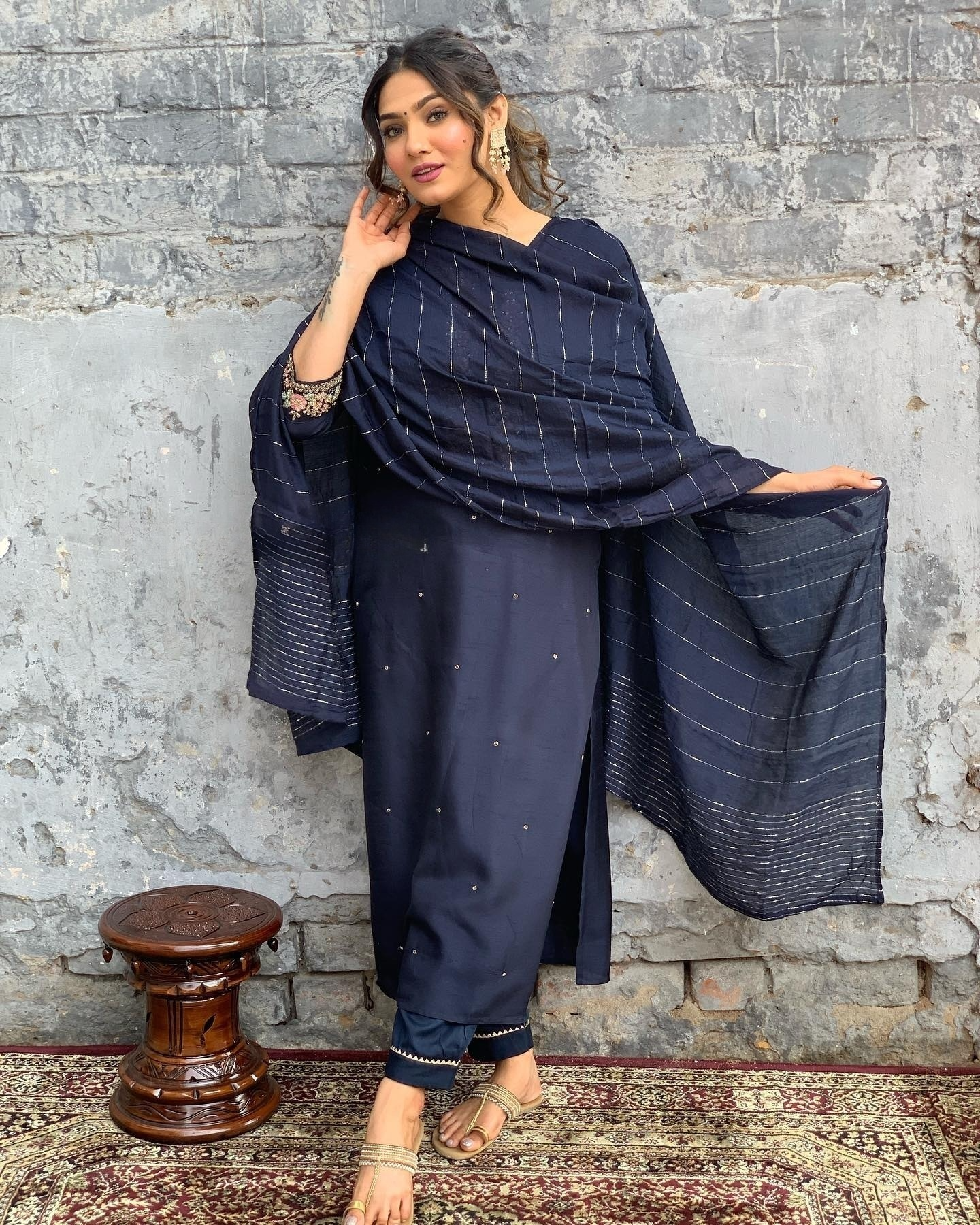 Navy Blue Viscose Chanderi Kurta Pant Set With Embroidery Work