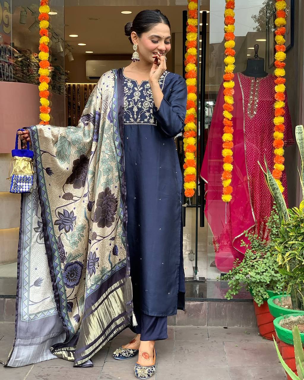 Navy Blue Viscose Chanderi Kurta Pant Set With Heavy Thread Embroidered Work With Printed Dupatta