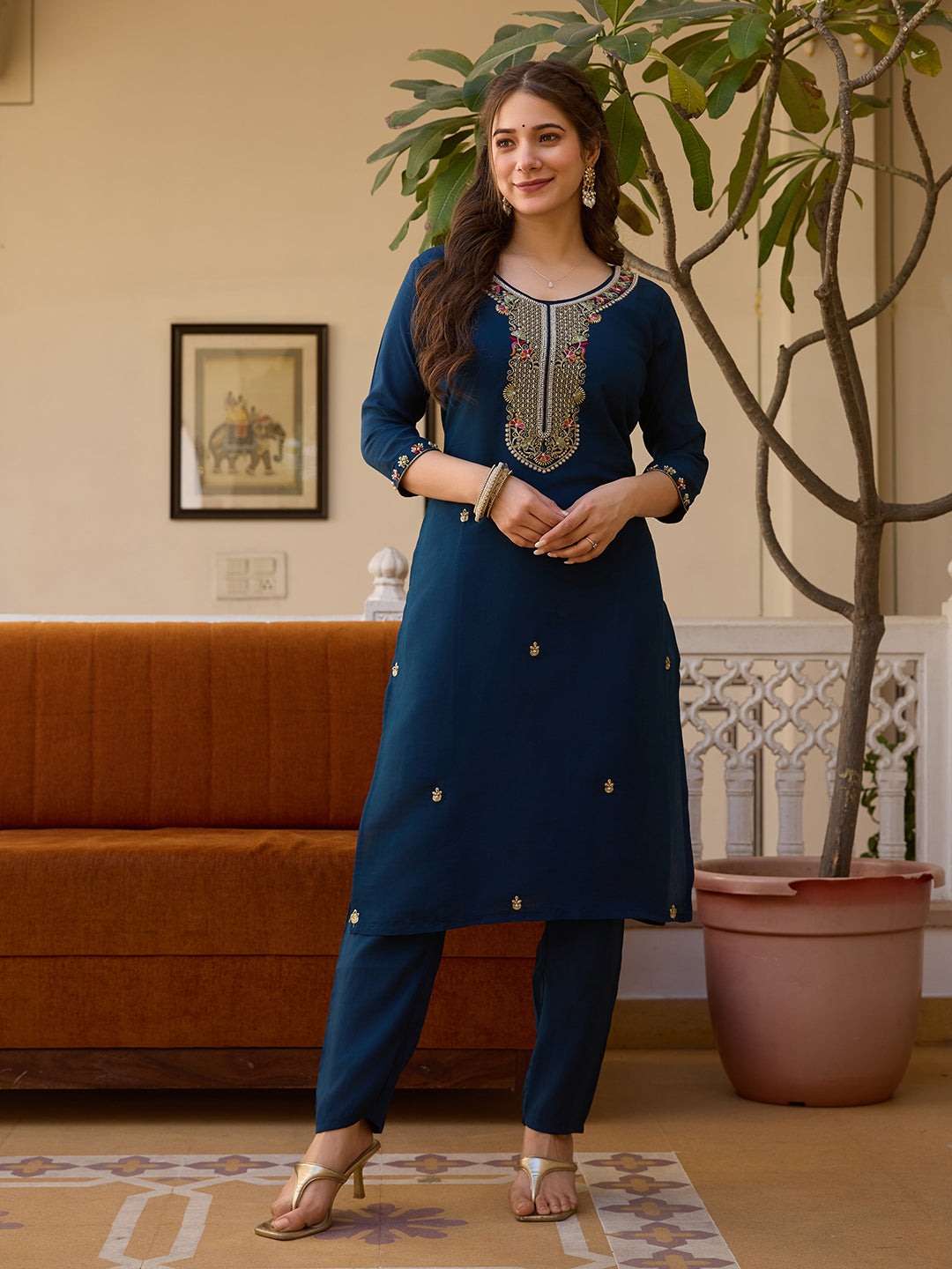 Navy Blue Viscose Chanderi Kurta Pant Set With Thread Embroidered With Beads Work