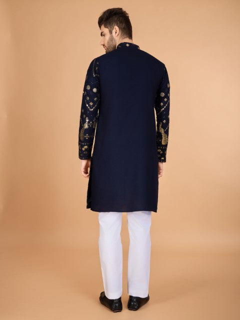 Navy Blue Viscose Rayon Thread & Sequins Embroidery Ceremonial Kurta