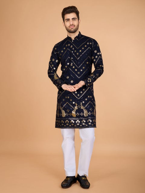Navy Blue Viscose Rayon Thread & Sequins Embroidery Ceremonial Kurta