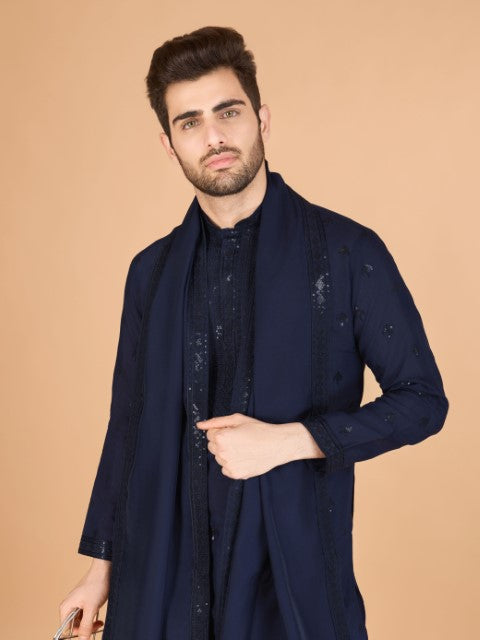 Navy Blue Viscose Silk Ethnic Kurta with Dupatta
