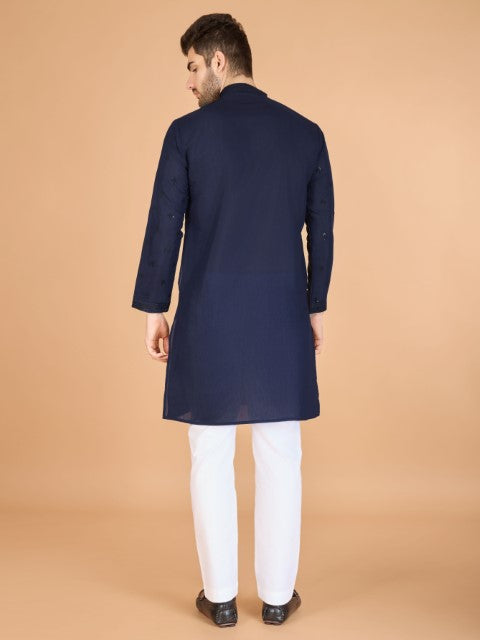Navy Blue Viscose Silk Ethnic Kurta with Dupatta