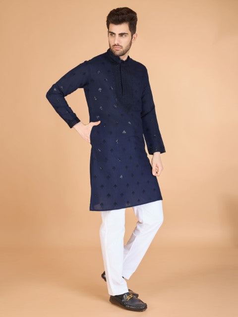 Navy Blue Viscose Silk Ethnic Kurta with Dupatta