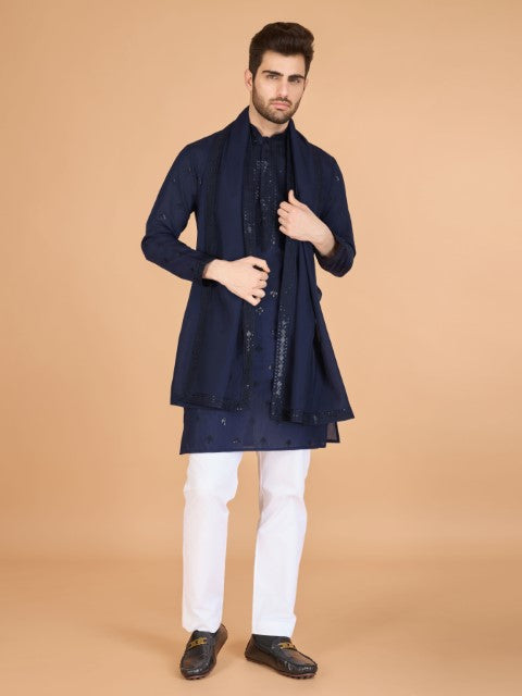 Navy Blue Viscose Silk Ethnic Kurta with Dupatta