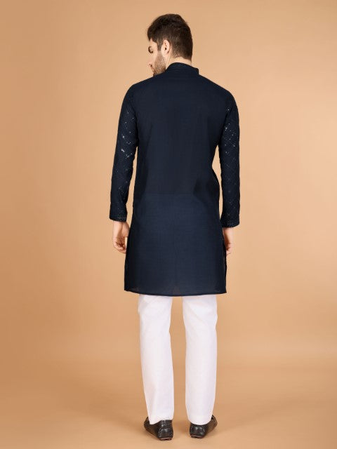 Navy Blue Viscose Silk Thread & Sequins Kurta with Dupatta