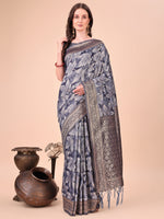 Navy Blue Woven Jacquard Designer With Floral Printed Cotton Ceremonial Saree