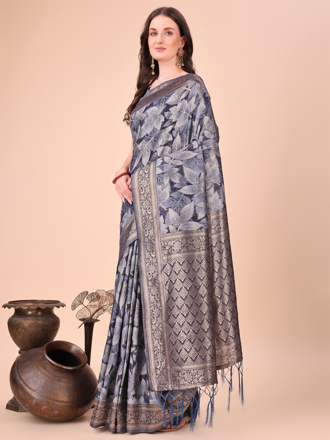 Navy Blue Woven Jacquard Designer With Floral Printed Cotton Ceremonial Saree