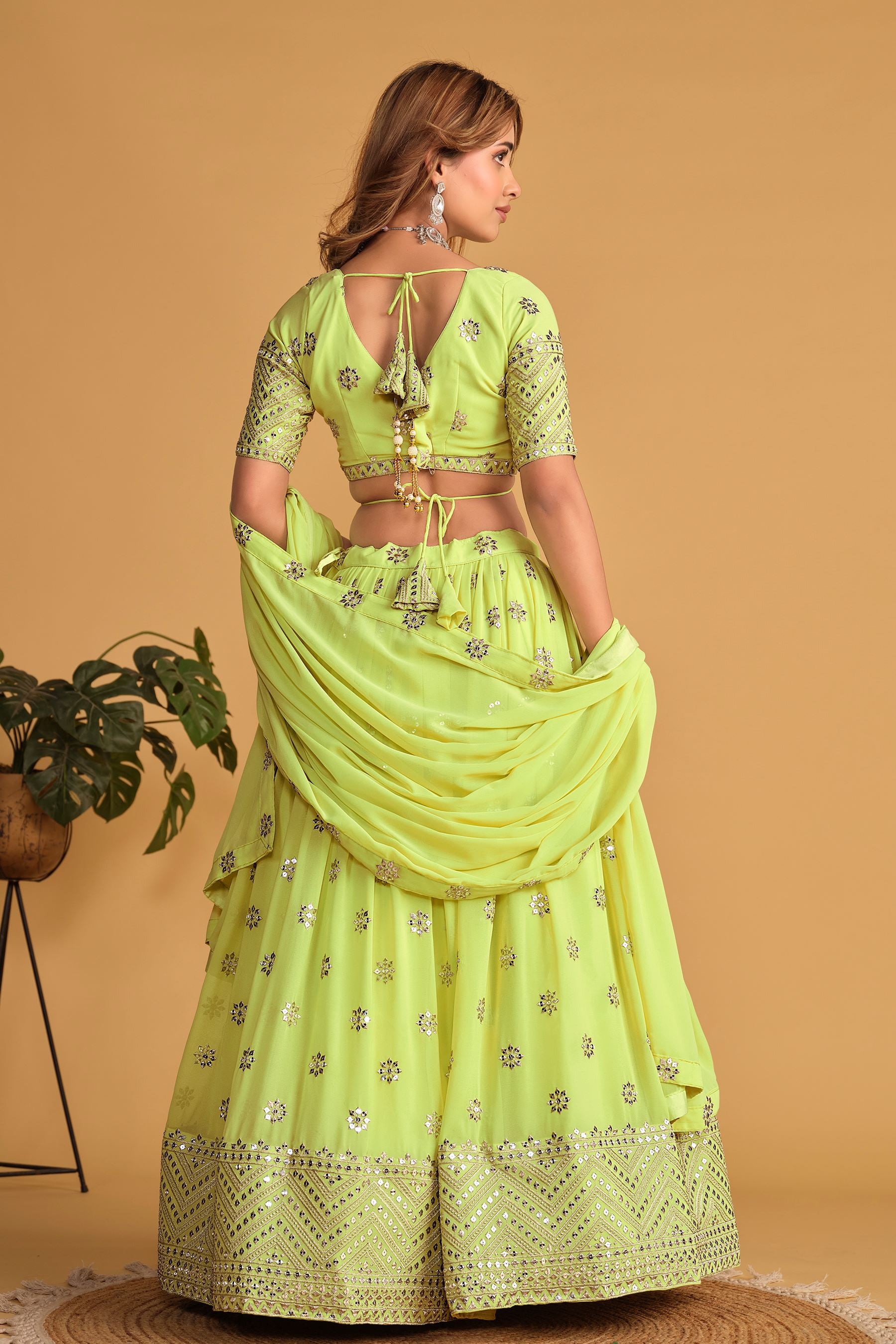 Neon Georgette Lehenga Choli With Sequins Zari Embroidered Work