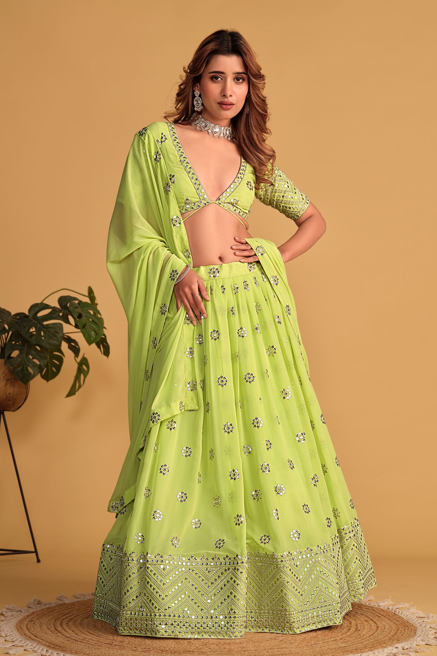 Neon Georgette Lehenga Choli With Sequins Zari Embroidered Work