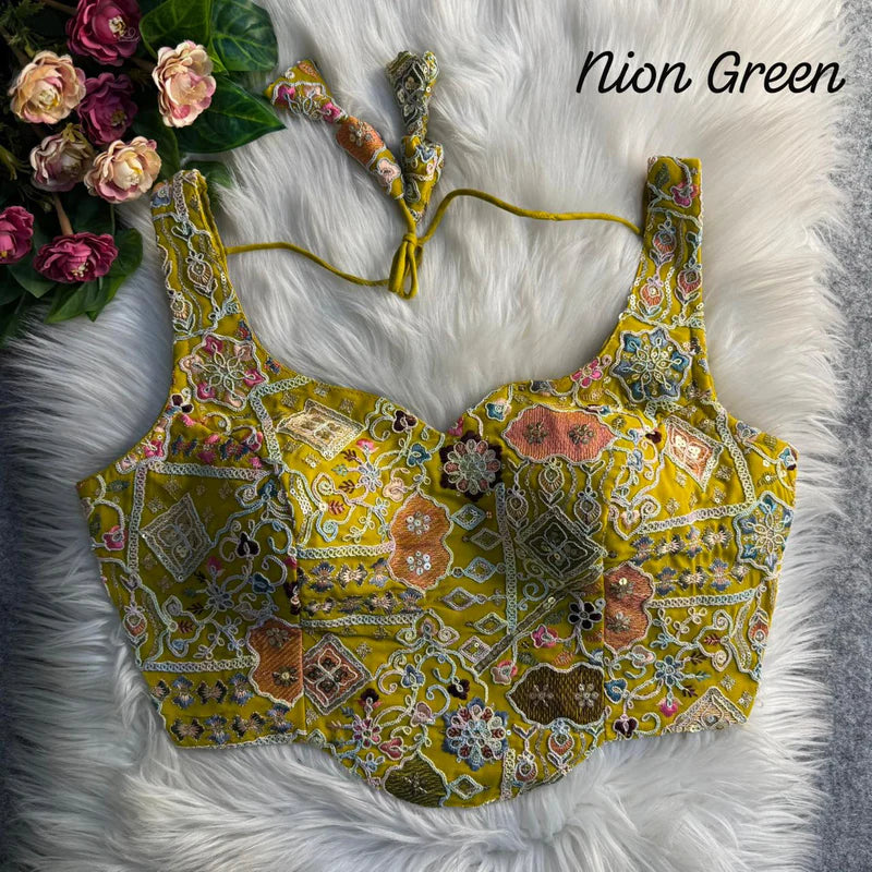 Neon Green Glam Luxe Corset Sequins Embroidered Blouse  Fox Georgette Partywear