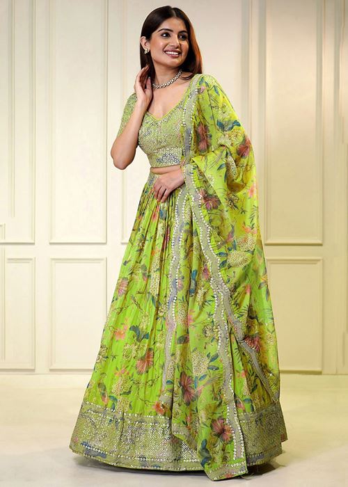 Neon Green Sequins Organza Function Wear Lehenga Choli
