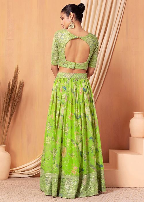 Neon Green Sequins Organza Function Wear Lehenga Choli