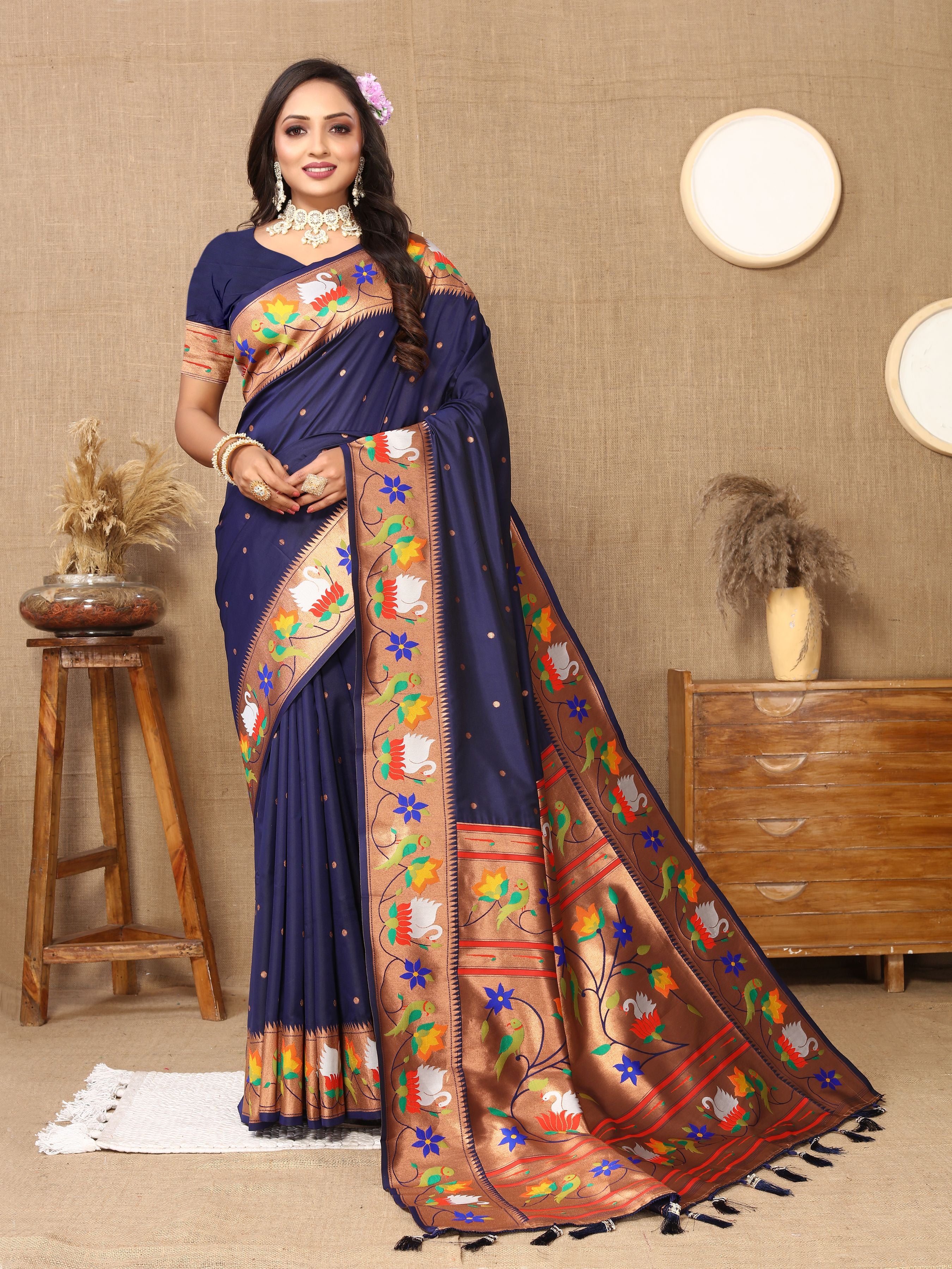 Nevy Blue Paithani Silk Woven Meenakari Paithani Designer Saree