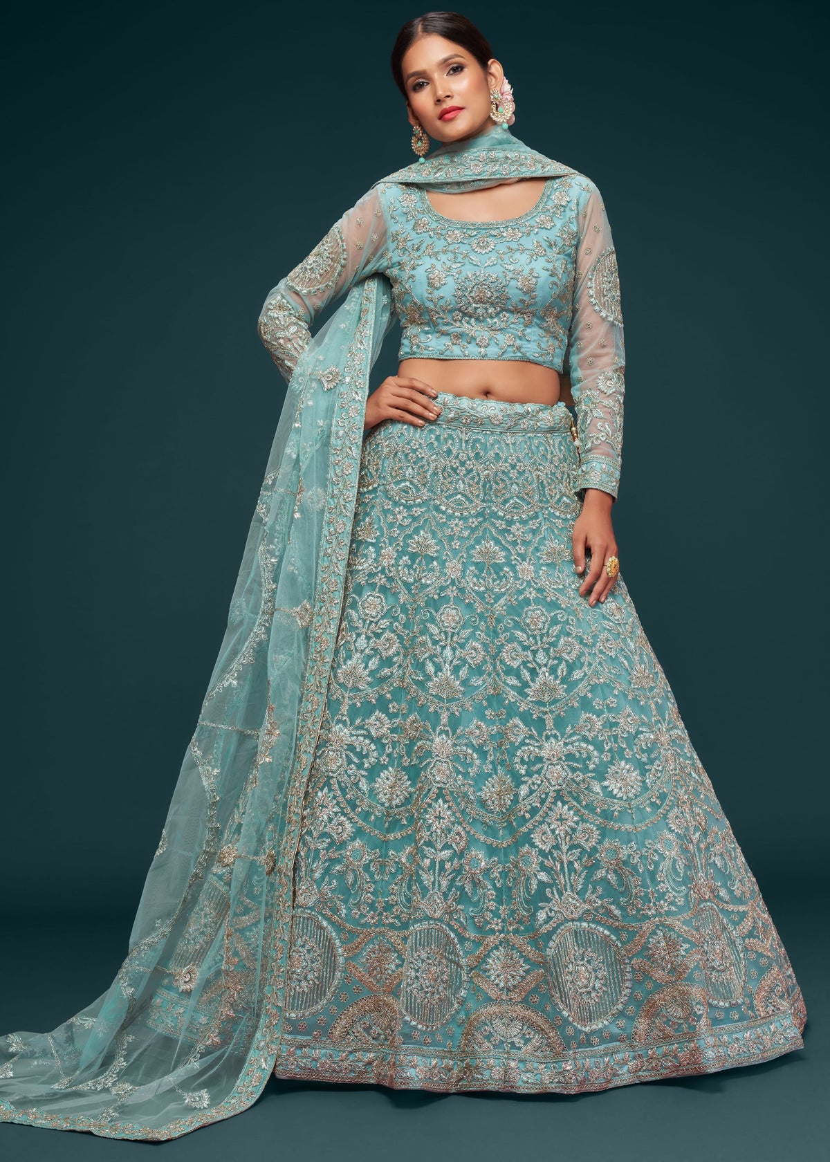 Ocean Aqua Lehenga Choli With Thread, Zari, Badla And Glitter Dori Embroidery Work