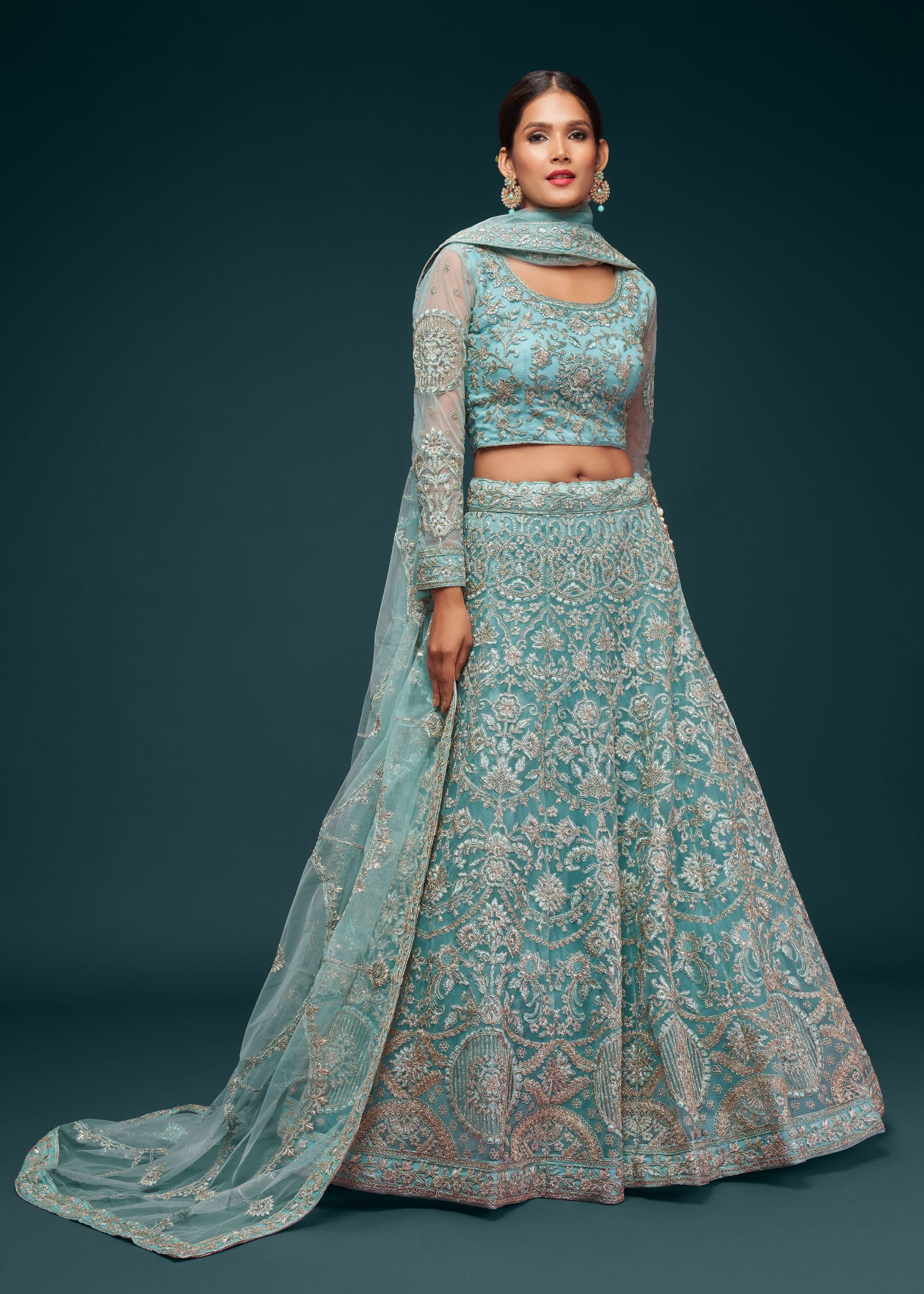 Ocean Aqua Lehenga Choli With Thread, Zari, Badla And Glitter Dori Embroidery Work
