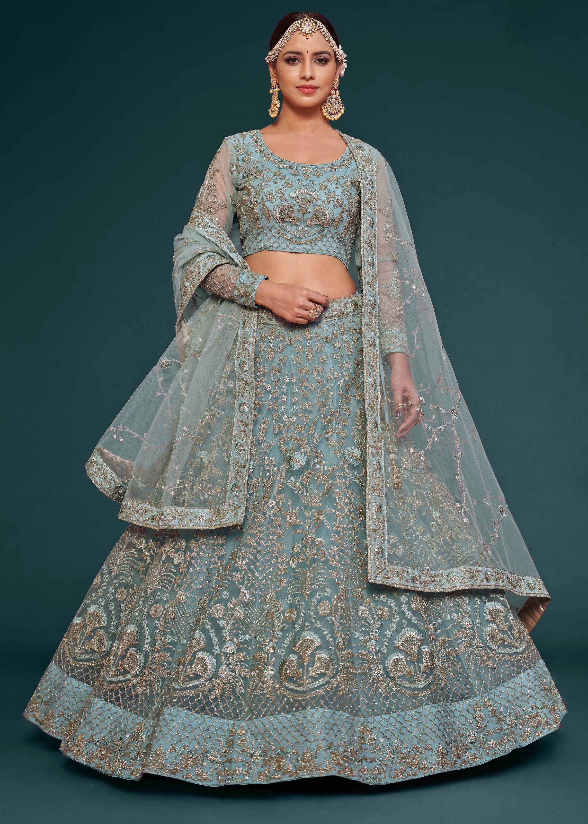 Ocean Aqua Lehenga Choli With Thread, Zari, Badla And Glitter Dori Embroidery Work