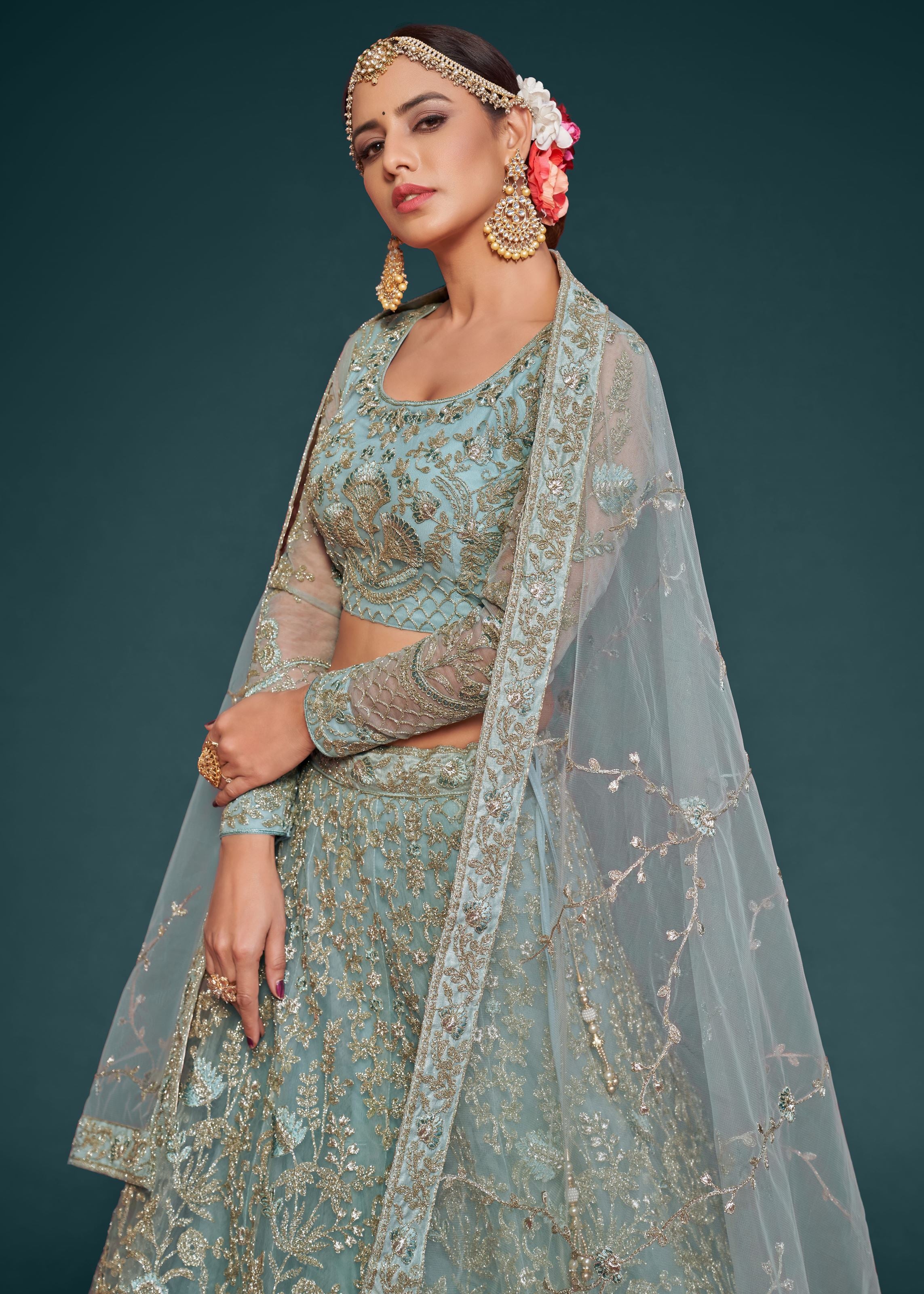 Ocean Aqua Lehenga Choli With Thread, Zari, Badla And Glitter Dori Embroidery Work
