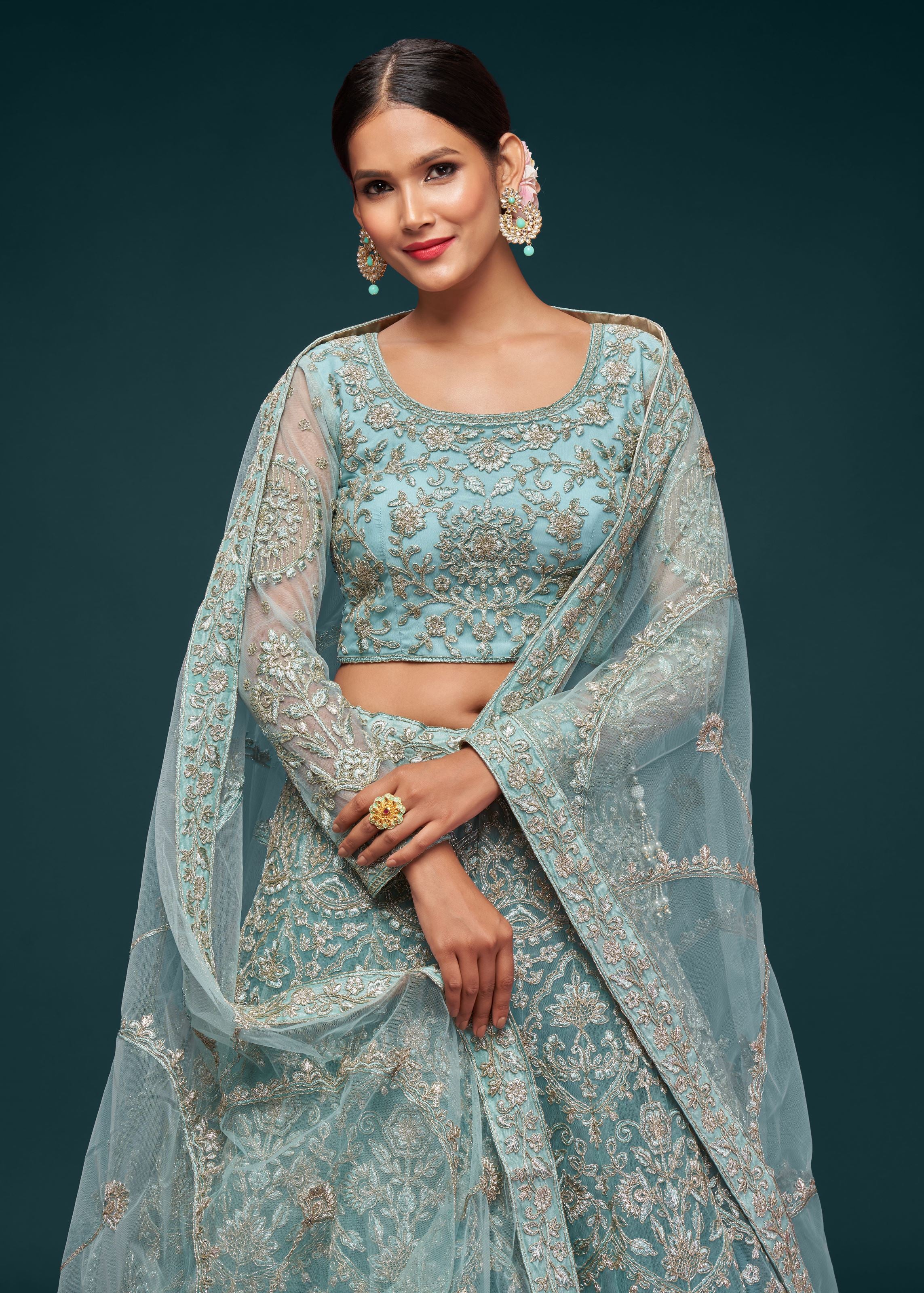 Ocean Aqua Lehenga Choli With Thread, Zari, Badla And Glitter Dori Embroidery Work