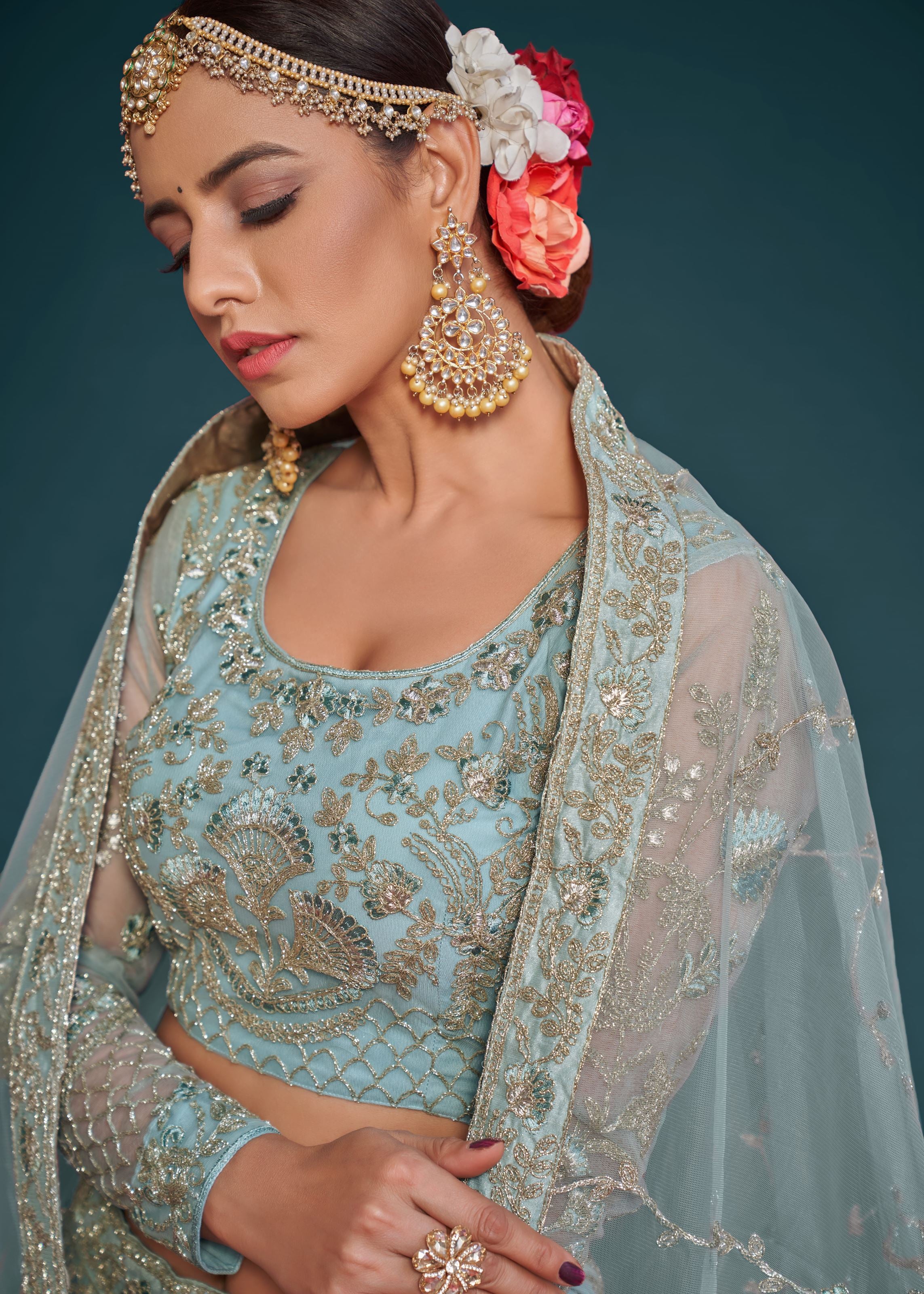 Ocean Aqua Lehenga Choli With Thread, Zari, Badla And Glitter Dori Embroidery Work