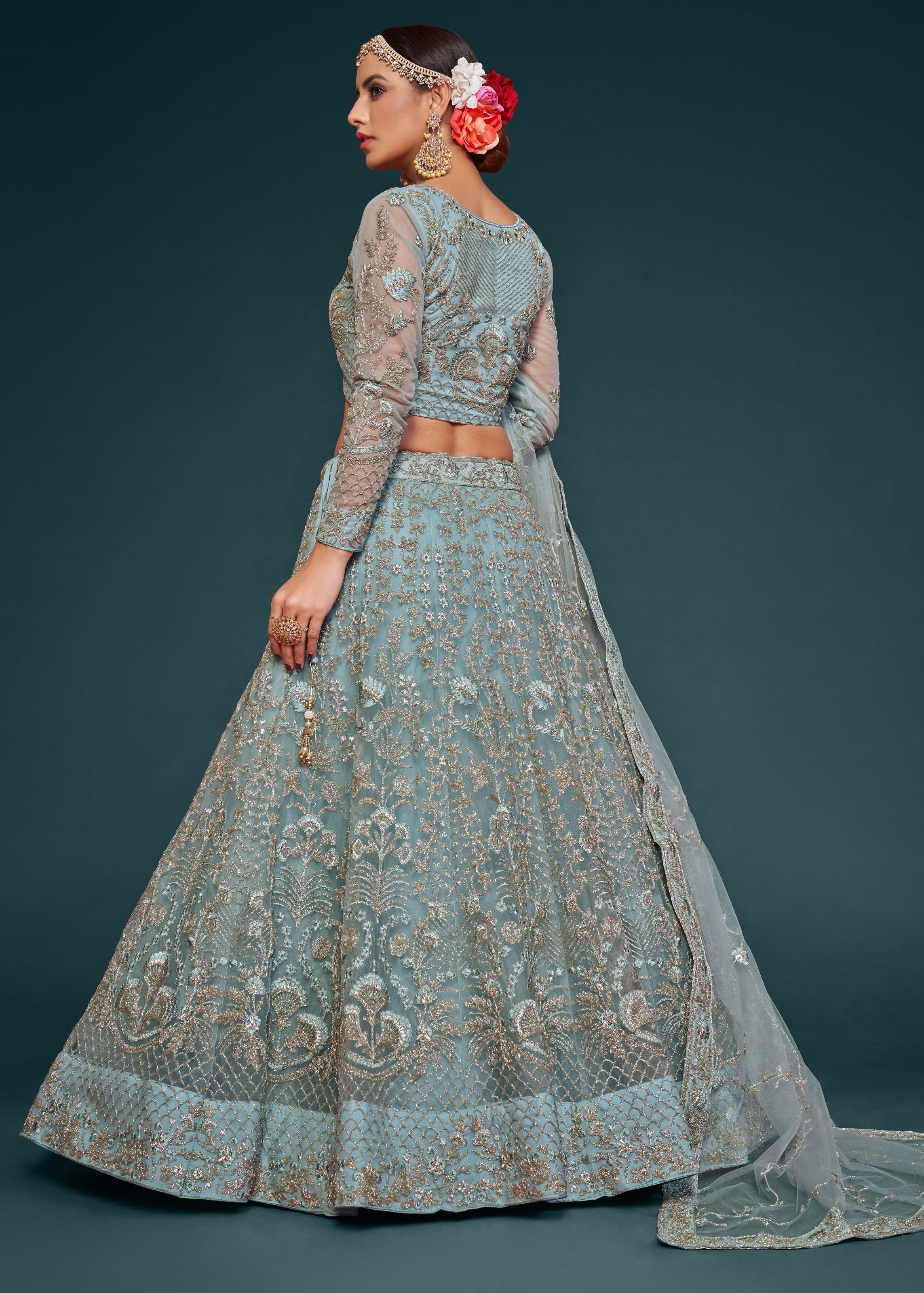 Ocean Aqua Lehenga Choli With Thread, Zari, Badla And Glitter Dori Embroidery Work