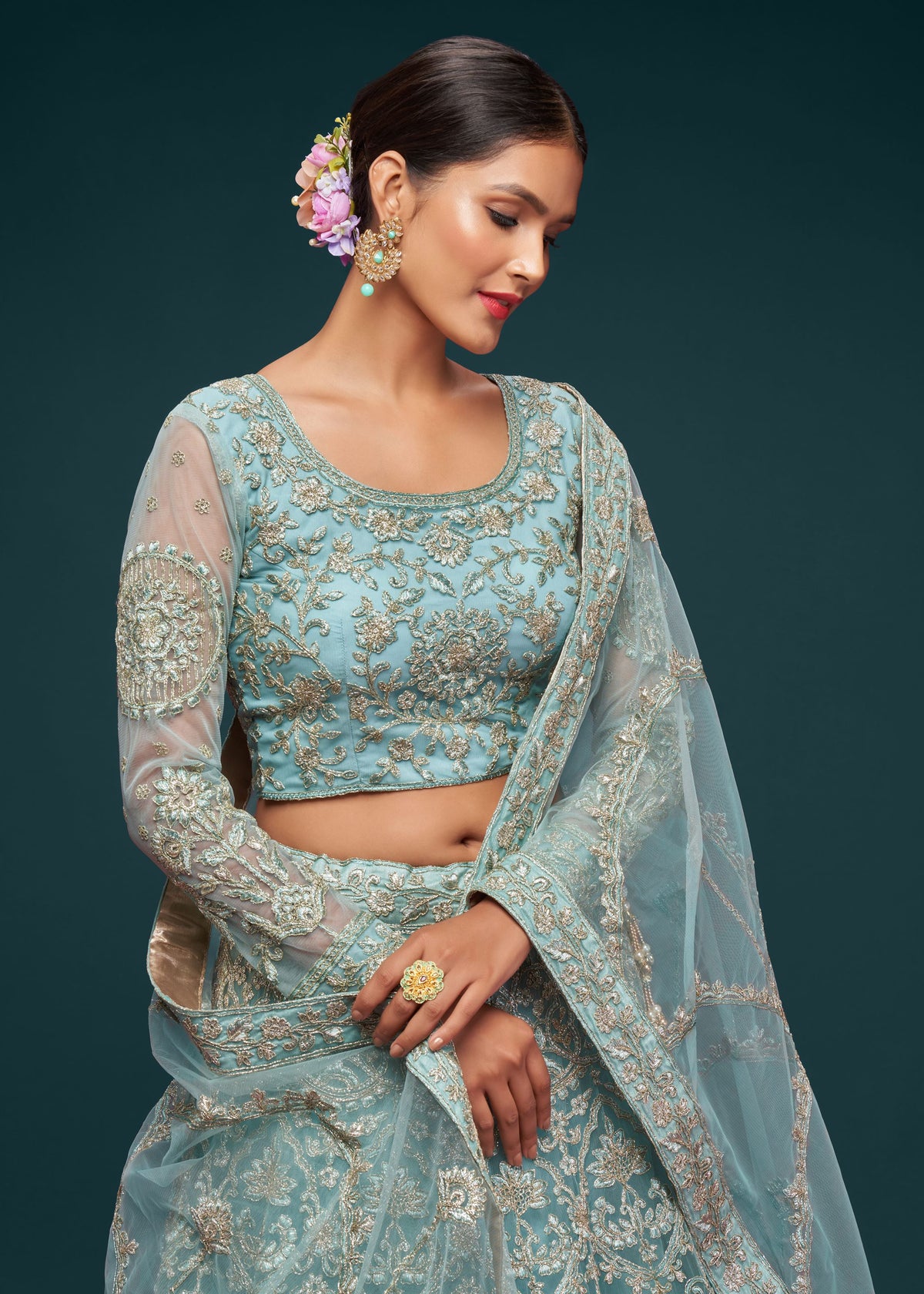 Ocean Aqua Lehenga Choli With Thread, Zari, Badla And Glitter Dori Embroidery Work