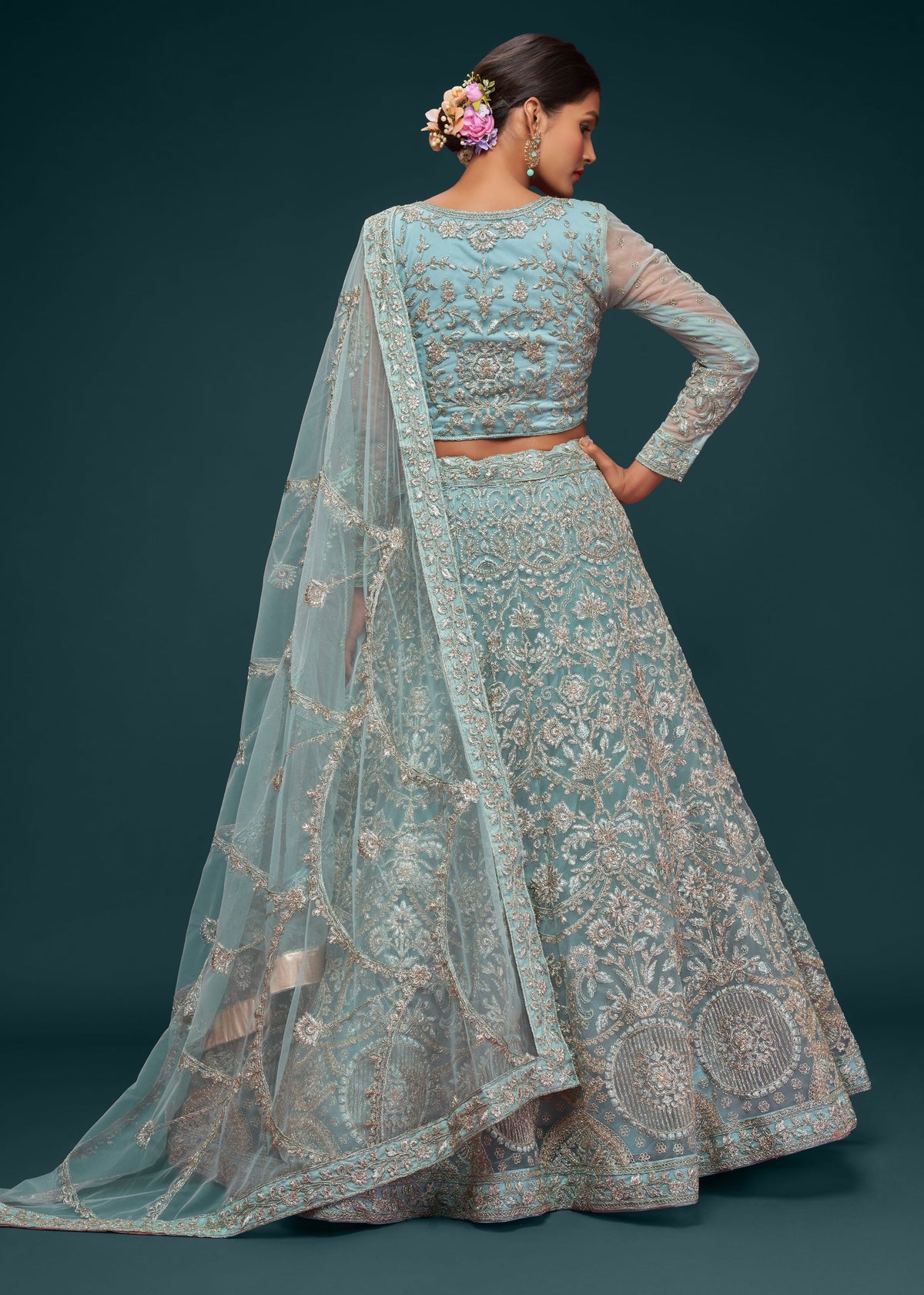 Ocean Aqua Lehenga Choli With Thread, Zari, Badla And Glitter Dori Embroidery Work