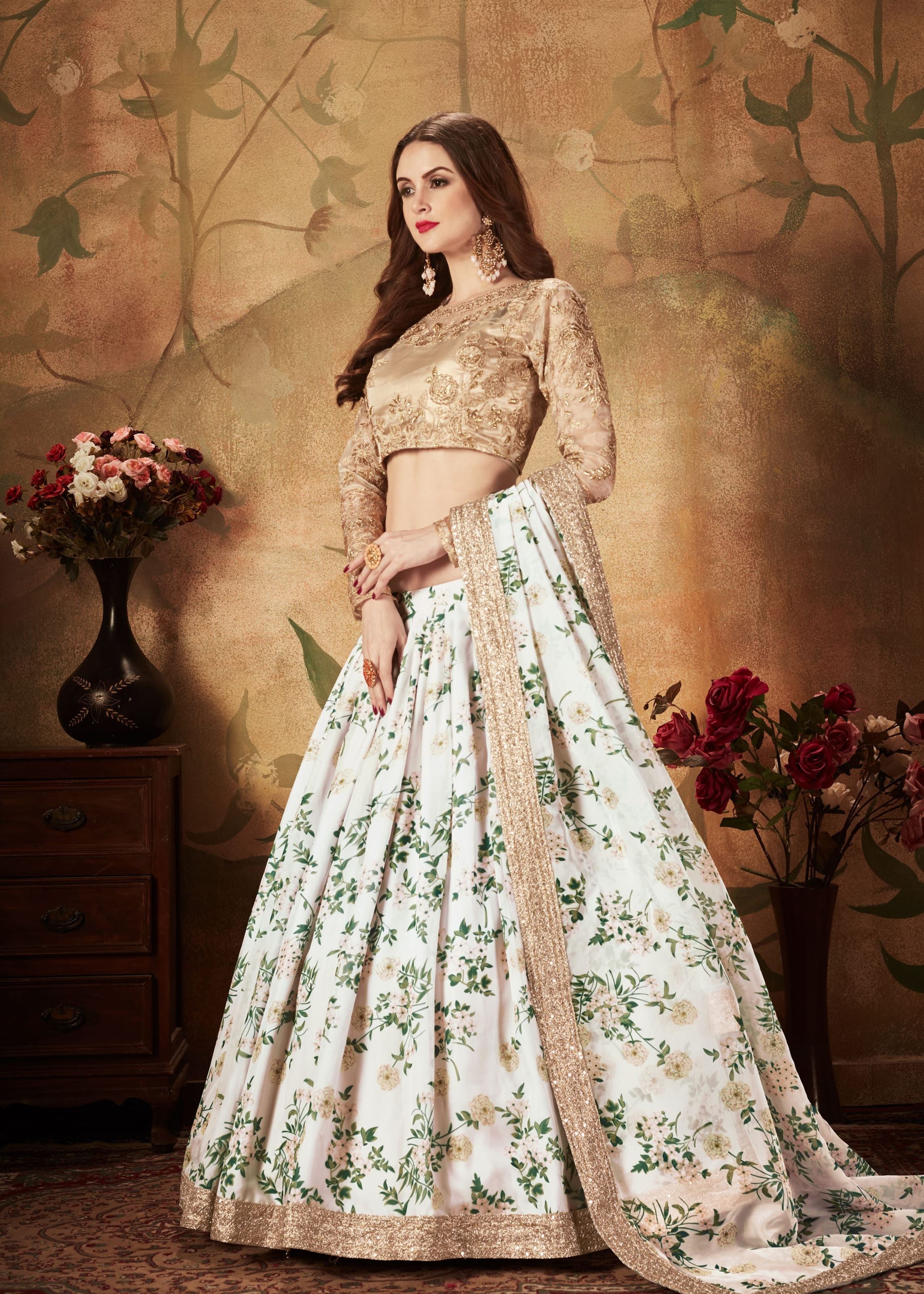 Off-White And Beige Lehenga Choli With Digital Print & Dori, Zari And Sequins Embroidery Work