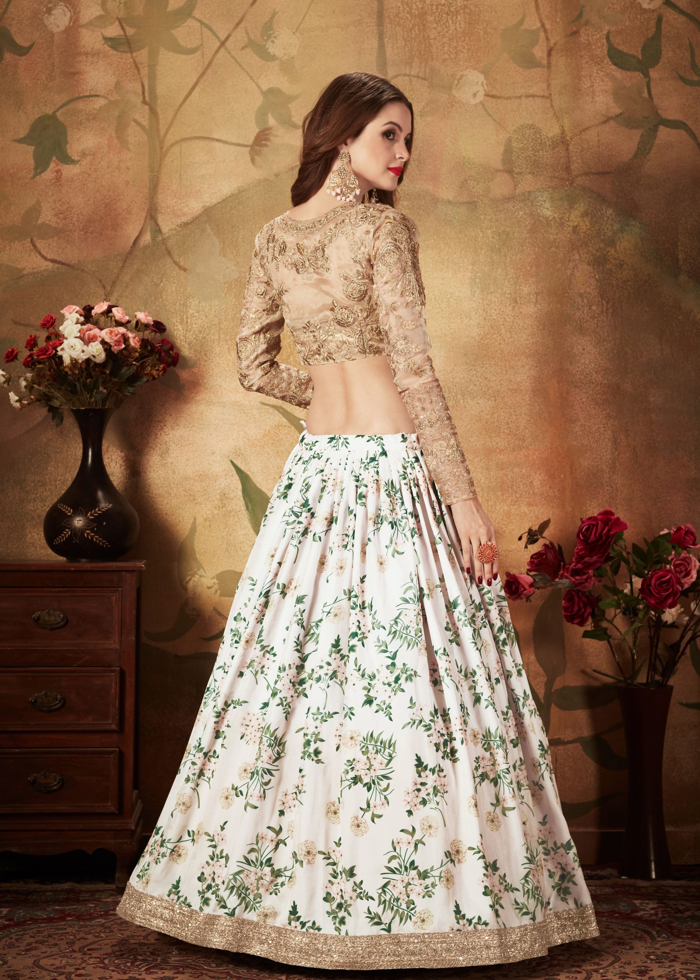 Off-White And Beige Lehenga Choli With Digital Print & Dori, Zari And Sequins Embroidery Work