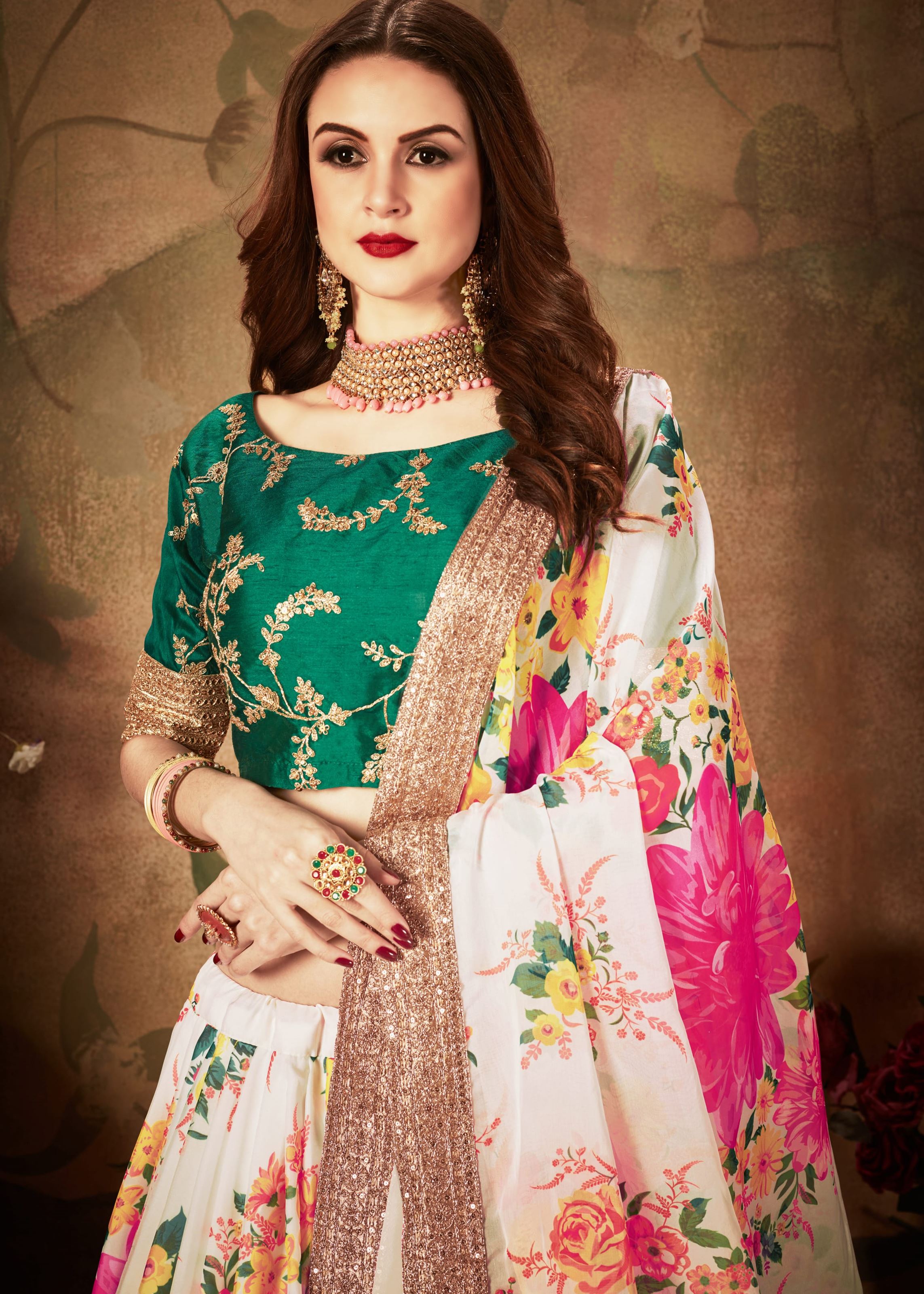 Off-White And Green Lehenga Choli With Digital Print & Dori, Zari And Sequins Embroidery Work