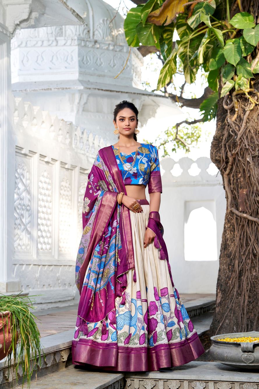 Off-White Dola Silk Lehenga with Kalamkari Print and Rich Zari Woven Border