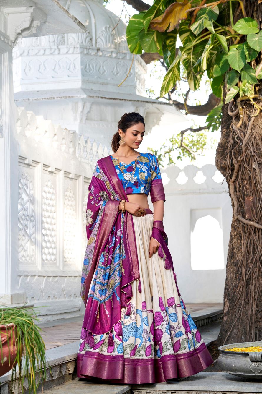 Off-White Dola Silk Lehenga with Kalamkari Print and Rich Zari Woven Border