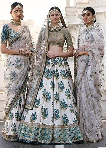 Off-White Flower Print Silk Wedding Lehenga Choli