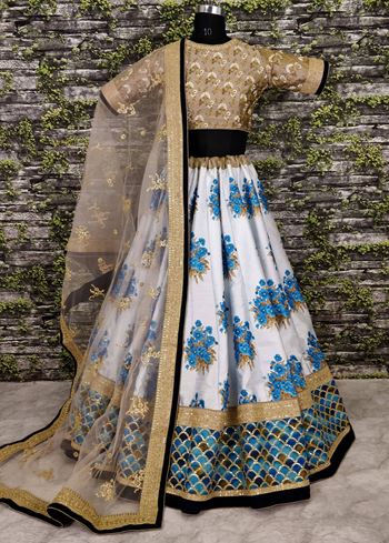 Off-White Flower Print Silk Wedding Lehenga Choli