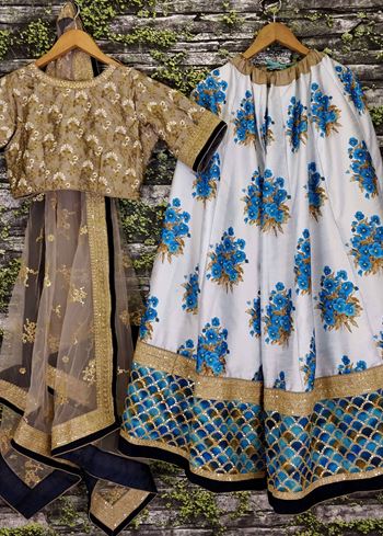 Off-White Flower Print Silk Wedding Lehenga Choli