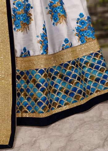 Off-White Flower Print Silk Wedding Lehenga Choli