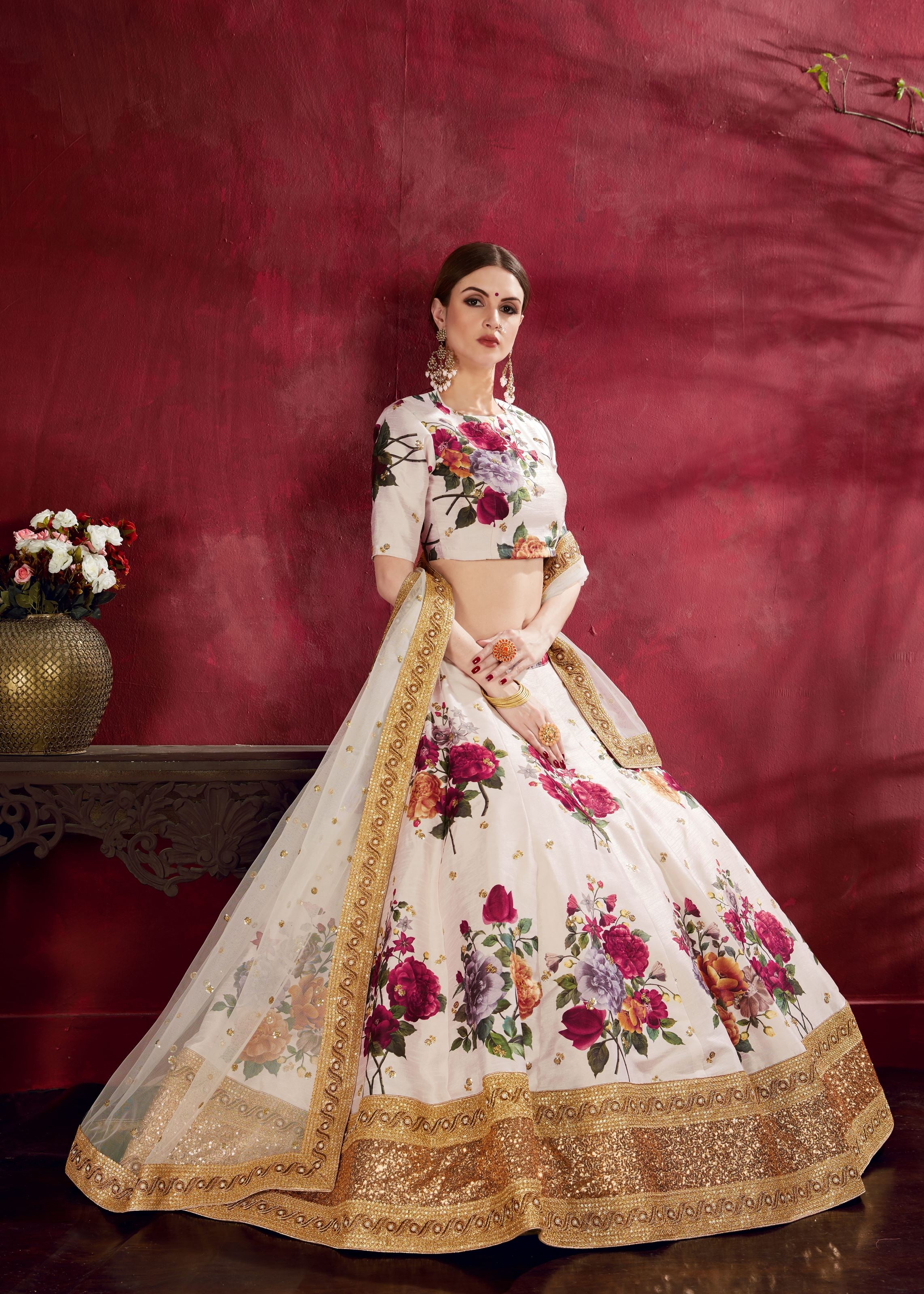 Off-White Lehenga Choli With Floral Print, Dori, Zari And Sequins Embroidery