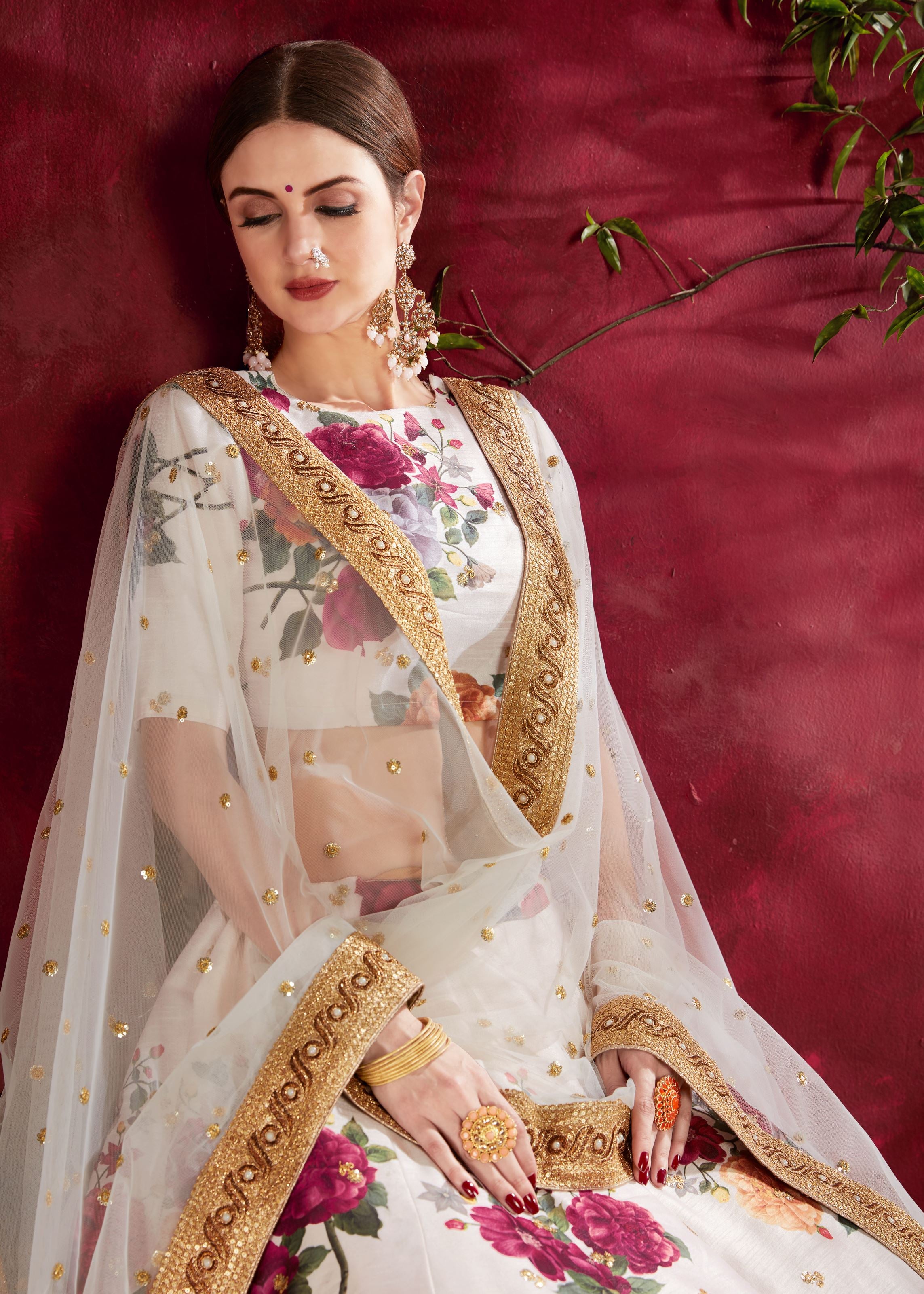 Off-White Lehenga Choli With Floral Print, Dori, Zari And Sequins Embroidery