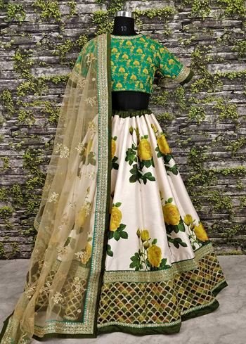 Off White-Yellow Rose Floral Print Silk Lehenga Choli