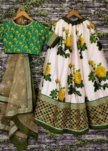 Off White-Yellow Rose Floral Print Silk Lehenga Choli