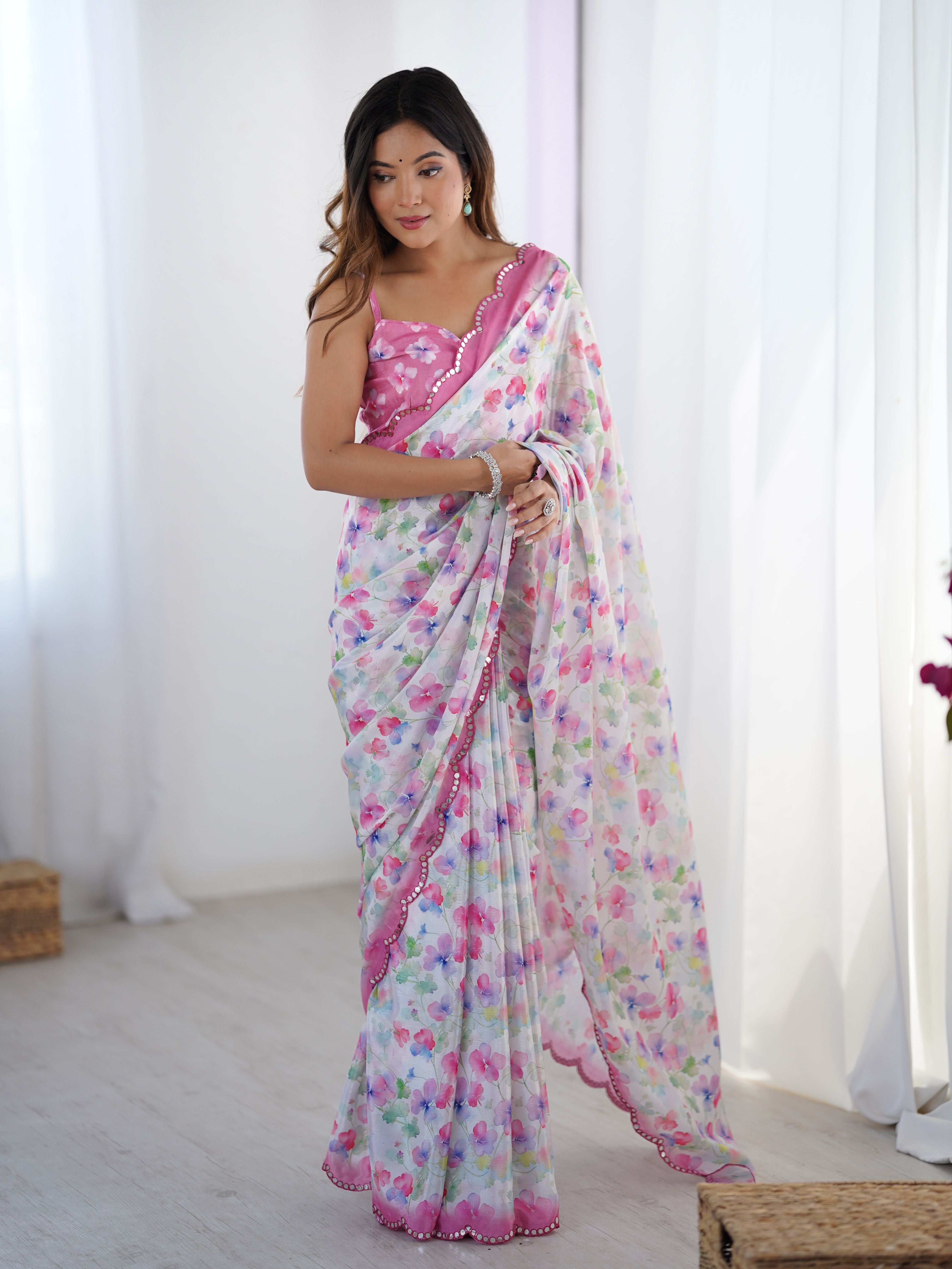 Off White Beautiful Chinon Smart Printed Festive Wear Ceremonial Saree