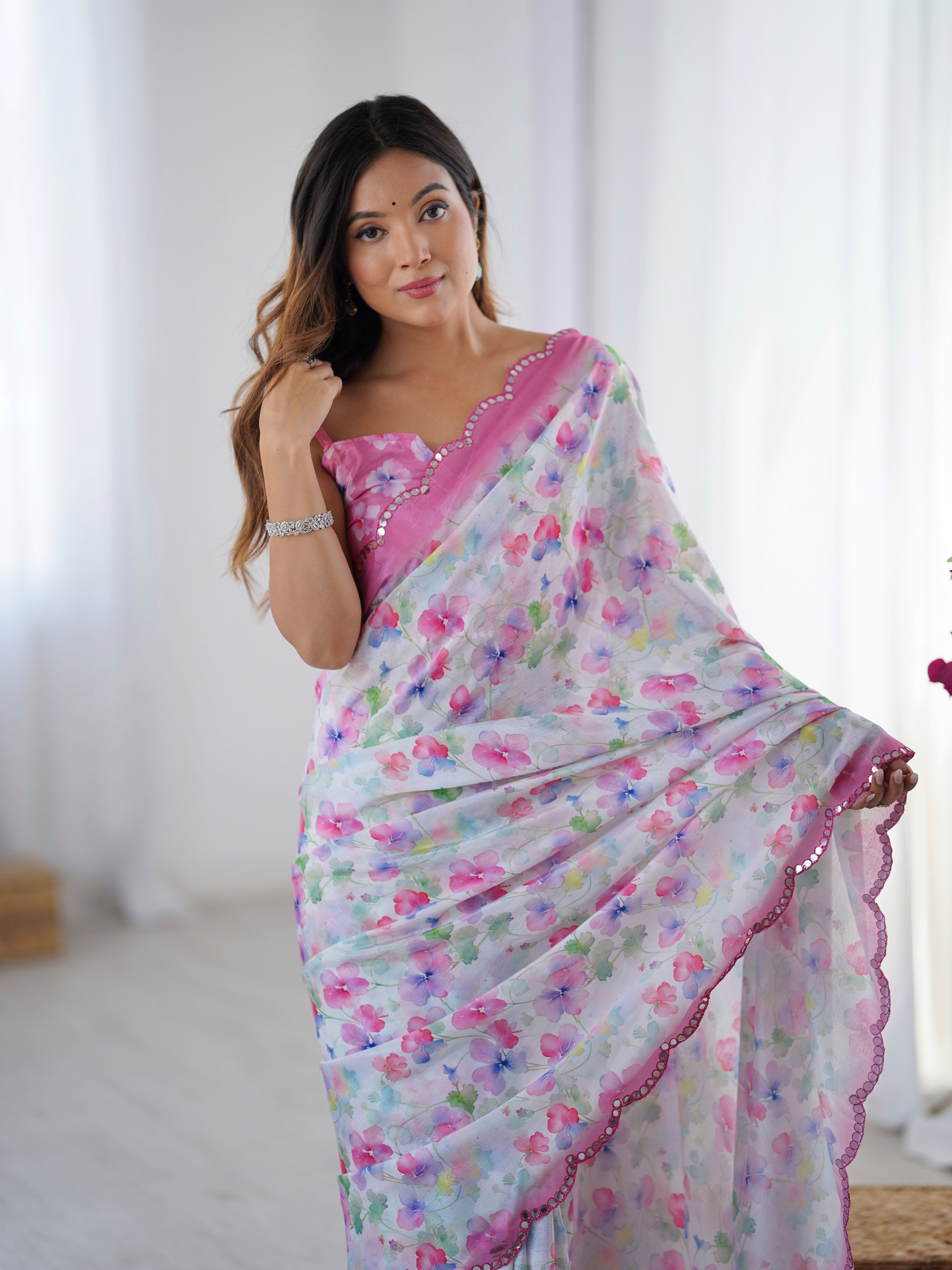 Off White Beautiful Chinon Smart Printed Festive Wear Ceremonial Saree