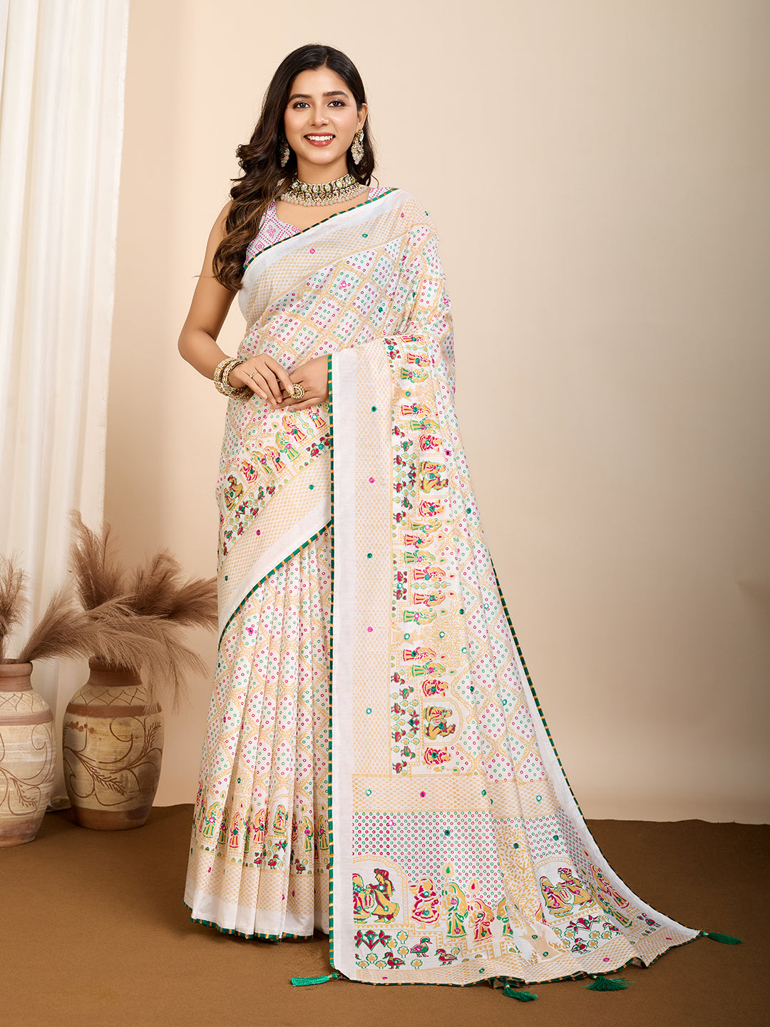 Off White Beautiful Designer Digital Printed With Hand Work Ceremonial Trendy Girlie Saree